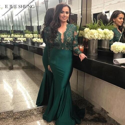 E JUE SHUNG Hunt Green Mermaid Evening Dresses long 2020 Deep V-neck Long Sleeves Formal Dresses Evening Gowns