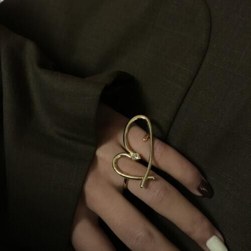 FFLACELL 2021 New Korean Exaggerated Female Niche Design Metal Golden zircon Big Heart Two-Finger Rings For Women Jewelry