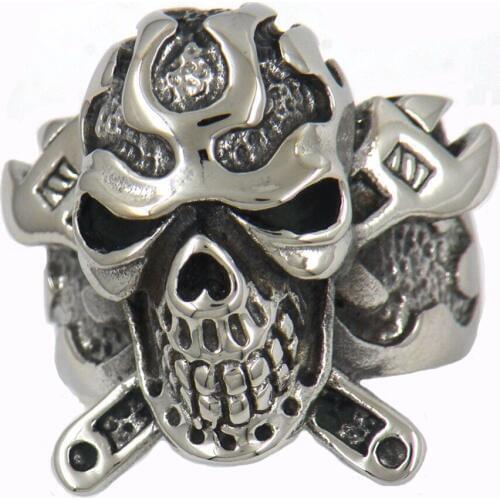 Fanssteel Stainless steel jewelry CROSS SPANNER WRENCH FLAME SKULL BIKER RING FSR11W78