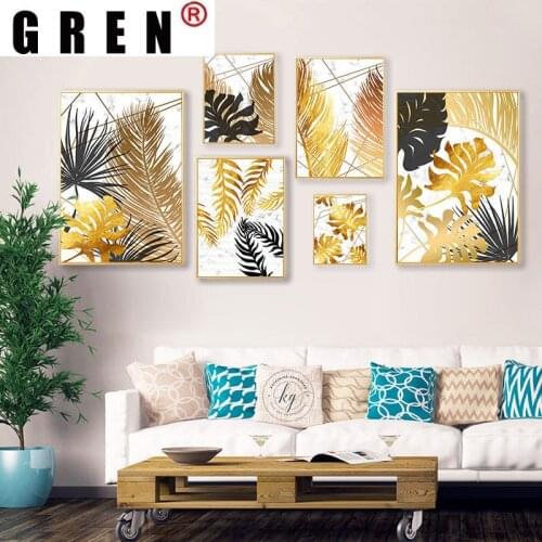 GREN Living Room Home Decor Tropical Plant Golden Leaf Abstract luxurious Canvas Painting Wall Art Painting Print Poster Picture