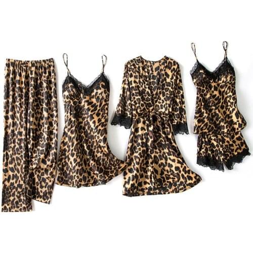 Leopard Robe Suit Female Sexy Sleepwear Pajamas Nightwear Silky Nightgown Loose Kimono Bathrobe Gown Lace Home Clothes