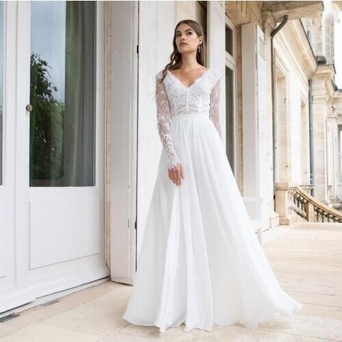 Graceful On Sale 2021 Lace Long Sleeve Bridal Wedding Dresses Back Out Wedding Gowns for Bride White V Neckline Floor Length