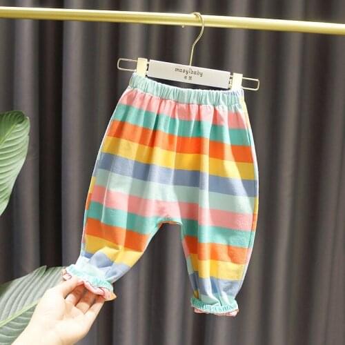 Girls Summer Pants 2021 New Soft Skin Friendly Cotton Rainbow Stripe Children Casual Haren Pants