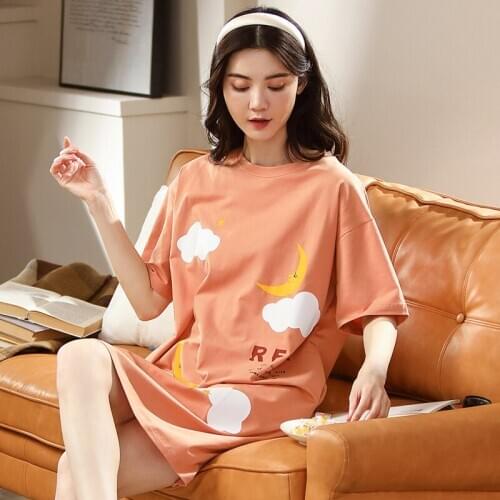 Summer New Cartoon Cotton Nightdress Women Nightgown Korean Plus size Loose Female Sleepwear Nightwear Kawaii Home dress Female