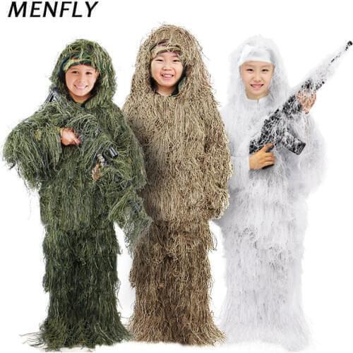MENFLY Childrens Ghillie Suit Kids Play Clothes Full Camouflage Suit Geely Clothes Jungle Cloak Camouflage Eating Chicken Suits