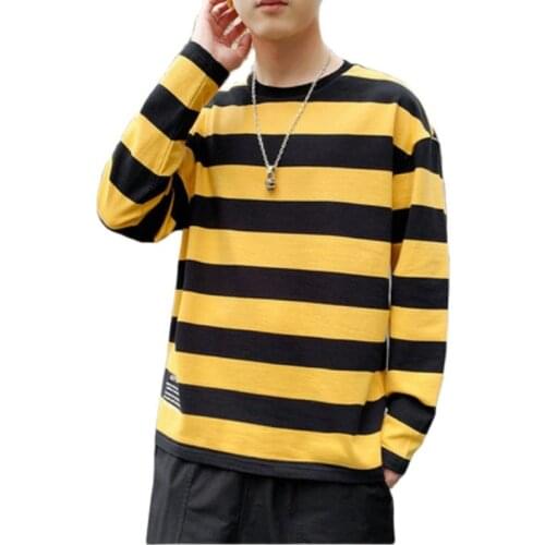 Mens striped T-shirt Long Sleeves O-Neck Casual White Black Vintage Style Fashion Clothes Shirt Japanese Streetwear Size M-3XL