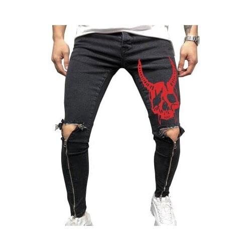 Sports Trousers Mens Large Size Skull Print splice Slim Feet European American Jeans Men Hole Zipper hip hop denim long pants