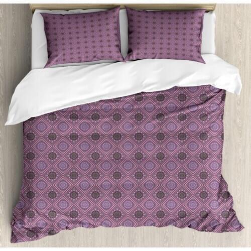Geometric Duvet Cover Set Violet Tone Squares Circles and Rhombuses 3 Piece Bedding Set Pale Eggplant Pale Pink