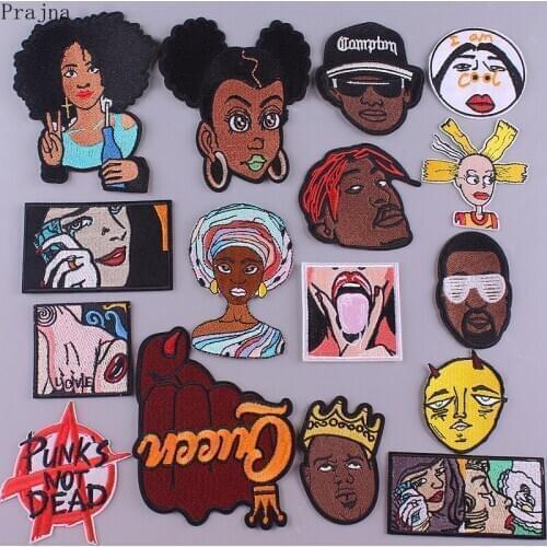 Prajna Hip Hop Patch African Girl Patch Metal Band Embroidered Patches For Clothes Iron On Patches Stripes On Clothes DIY Badges