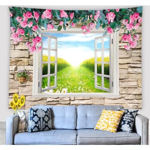 Window And Pink Roses On Stone Wall Tapestry Wall Hanging Scenery Outside The Window Home Decor Wall Tapestries Art Adornment