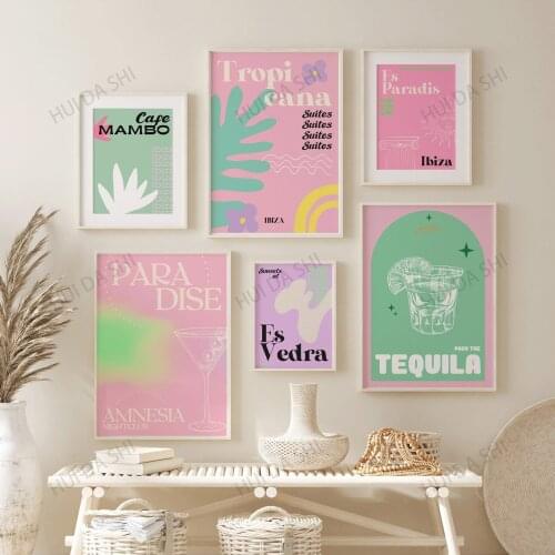 Ibiza Themed Prints Gallery Wall Canvas Poster, Retro, Mid Century Art, Wall Art, Pink Prints, Bedroom Prints, Cocktails