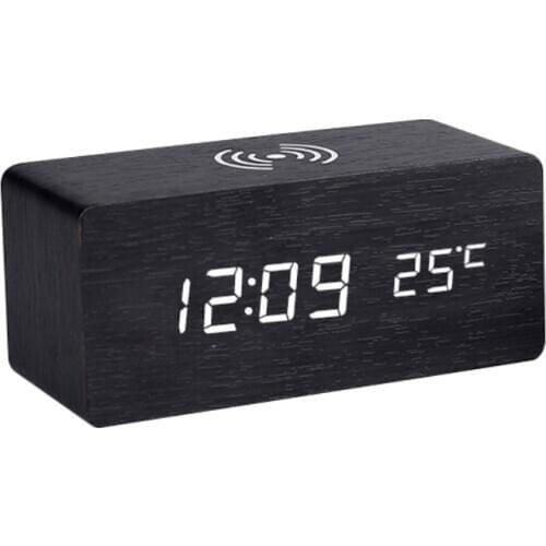 Advanced Digital Wooden Alarm Clock Wireless Charging 3 Alarms LED Displays Dual Functions Of Snooze Sound Control