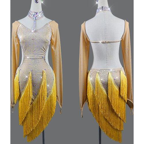 Latin Dance Dress Shiny Rhinestone Golden Fringe Long Sleeved Sexy Backless Dresses Tango Salsa Cha Cha Samba Show Wear DNV11768