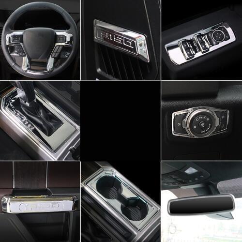Silver Steering Wheel Rearview Mirror Cup /Gear Doors Handle Dashboard Frame For Ford Raptor F150 201 17 2018 AAA048