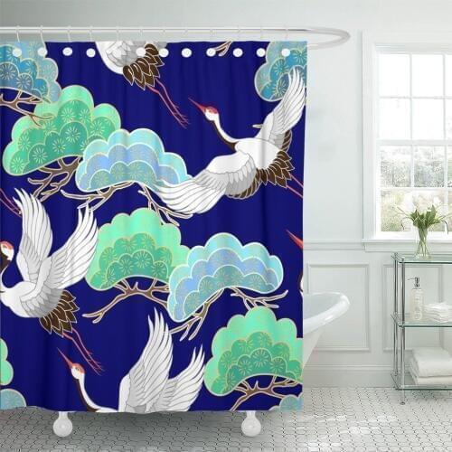 Blue Flying Birds Crane Heron Japanese Pattern Oriental Motifs Bathroom Curtains Waterproof Polyester Fabric 60 x 72 inches Set