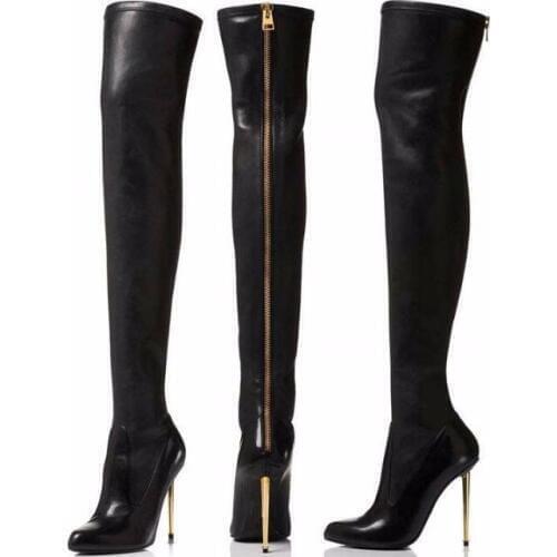Sexy Zipper Heels Over The Knee Boots Gold Metal Heels Black Leather Tight High Boots Round Toe Women Dress Shoes Winter