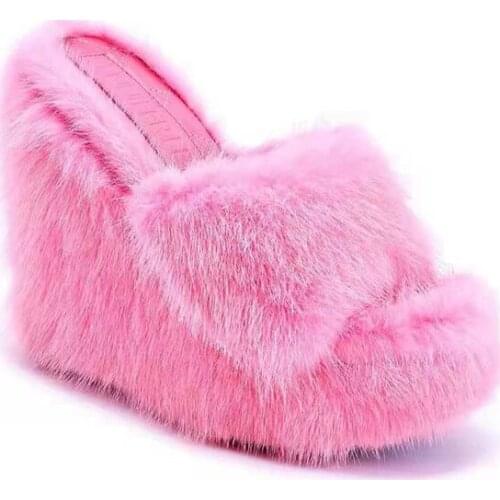 Women Slippers Ladies Faux Fur Platform Wedges Open Toe Outdoor Slipper Female Fashion Sexy Comfortable Womens Footwear New