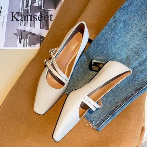 Kanseet Metal Buckle Strap Genuine Leather Party Dress Wedding Square Toe Spring Summer Women Pumps Shallow Mid Heels Shoes