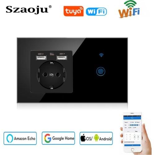 TUYA Smart Touch Switch With USB Socket Crystal Glass Panel AC110~250V 16A 146*86mm Wall Socket With Light Switch 1Gang 1Way