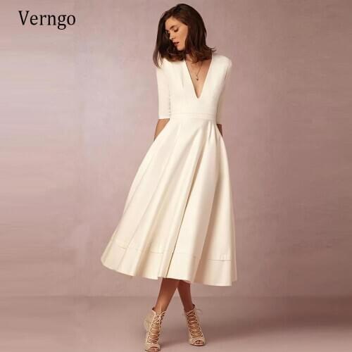 Verngo Vintage Ivory Satin A Line Short Wedding Party Dress With Pocket Half Sleeves V Neck Tea length Formal Bride Dresses