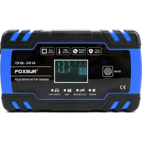 FOXSUR Smart Car Battery Charger12V 24V 8A Touch Screen Pulse Repair LCD Fast Power Charging Wet Dry Lead Acid for GEL WET