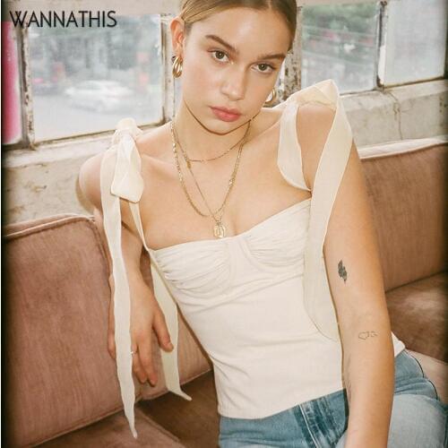 WannaThis Spaghetti Strap Slash Neck Chiffon Camisole Women Sleevesless Casual Camisole Ruffles Backless BOW Bandage Crop Top