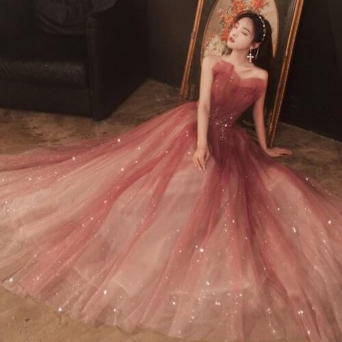 Starry Sky Gradient Color Sequin Banquet Evening Dress for Female 2021 Tube Top Long Dress Host Fairy Slim Prom Ball Gown A324