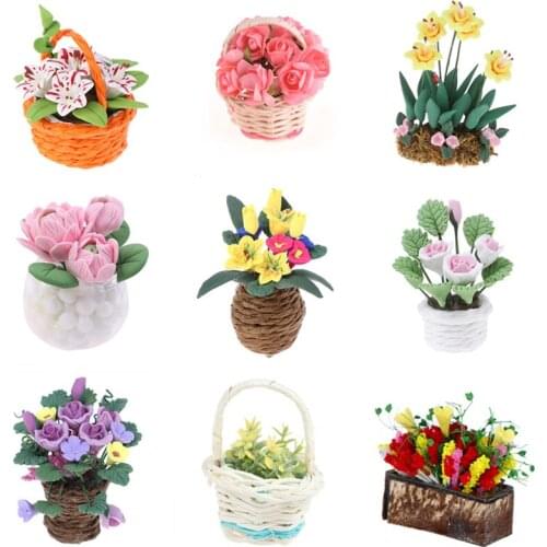 1pc 1:12 DollHouse Miniature Flowers Basket Mini Fruit Basket Flowers Pot Decor Toy