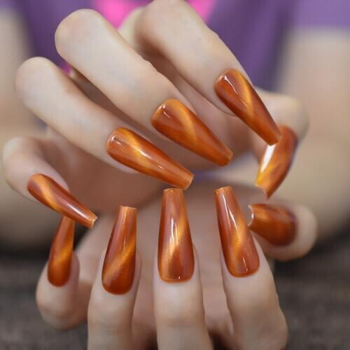 Long Glossy Amber False Nail Tapered Salon Press On Artificial Nail Art For Finger Cover Cat Eye Nail Tip