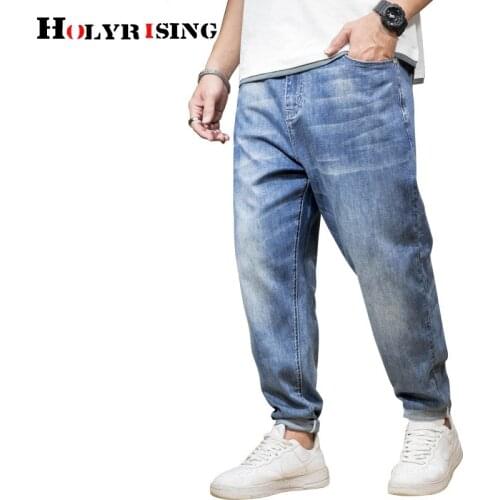 Men jeans elastic waist loose cotton denim straight trousers zipper baggy pocket streetwear size 44 джинсы для мужчин 19580