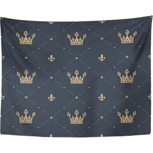 Royal in Retro Style with Gold Crown on Blue Pattern Fills Princess King Tapestry Home Decor Wall Hanging for Living Room