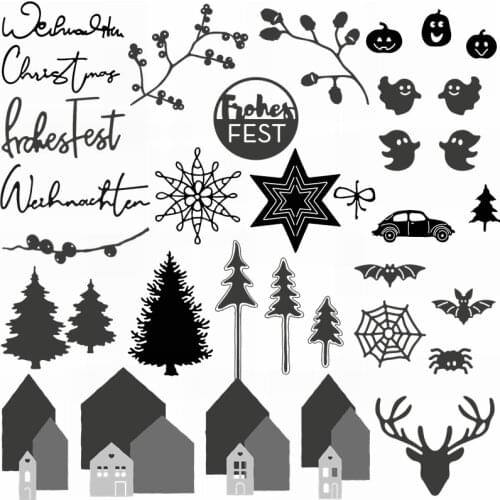 Halloween French Words Mix Tree House Deer Spider Web Pumpkin Metal Cutting Dies DIY Handmade Cards Scrapbook Craft Die Cut New