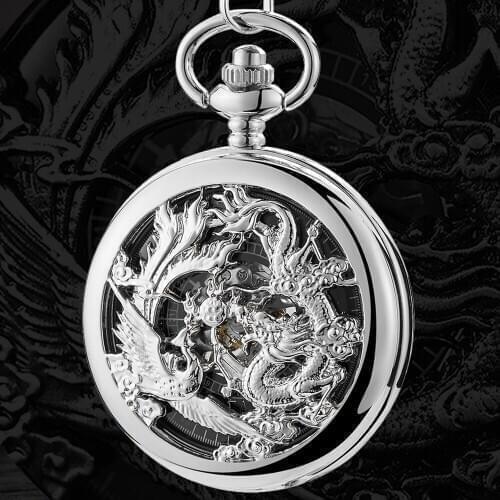 Retro Dragon and Phoenix Pocket Watch Hollow Sculpture Steampunk Hand Winding Pocket Watch With FOB Chain Pendants Unisex Gifts