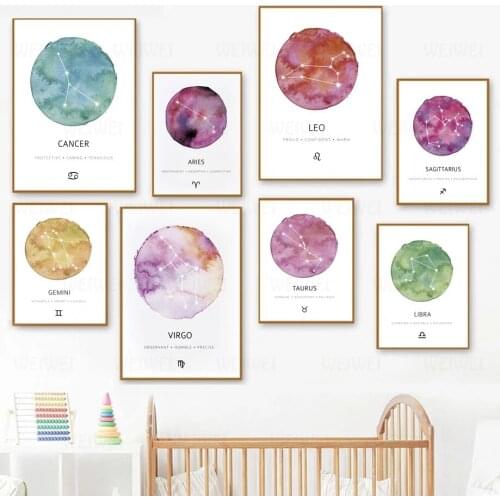 Twelve Constellation Canvas Painting Home Decoration Watercolor Wall Picture for Living Room Libra Aquarius Posters and Prints