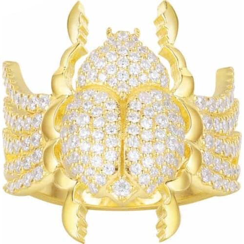 SOELLE Real 925 Sterling Silver Yellow Gold Color Micro Cubic Zircon CZ Scarab Ring Egyptian Fine Women Luxury Brand Jewelry