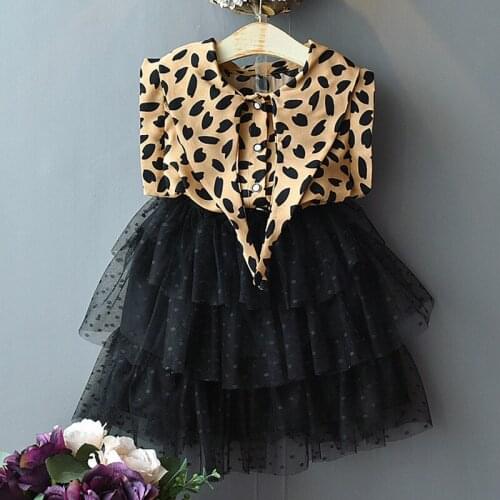 Girls Sets 2020 Summer New Childrens Clothing Girls Fashion Lace Sleeve Leopard Shirt + Dot Mesh Cake Skirt Two-Piece Suit