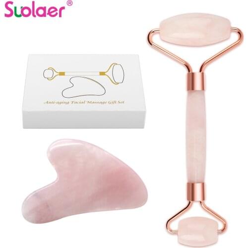 Natural Rose Quartz Jade Roller Gua Sha Set Facial Body Massager Roller Jade Stone Massage Set Face Lifting Beauty Massage Tools