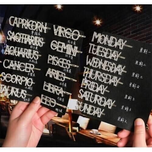 New 200pcs/lot Constellation semana clipes Dias Grampos de cristal brilhante Rhinestones palavra Letters cabelo das mulheres