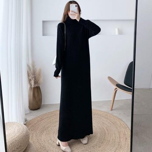 2021 New Ladies Autumn Knitted Extended Dress Temperament Fashion Loose Casual Solid Color All-match Turtleneck Sweater