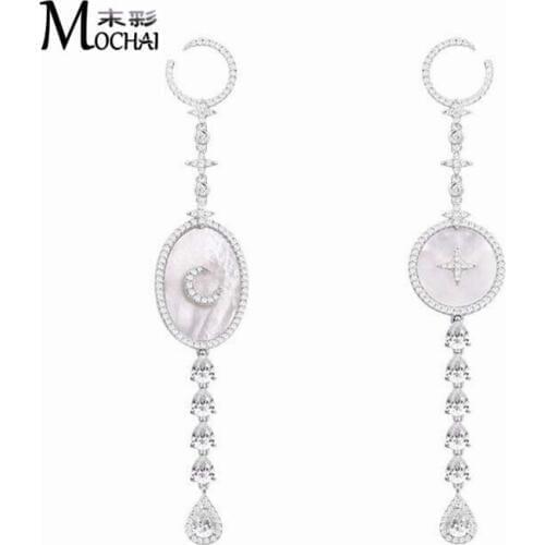 New Earrings Set Zircon Stars And Moon Earrings Asymmetrical Long Section Drop Mother-Of-Pearl Earrings Wholesale Jewelry ZK40