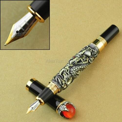 Jinhao Classic Dragon King 18KGP M Nib Fountain Pen , Metal Embossing Red Jewelry on Top, Grey Drawing Refillable Ink Pen