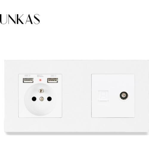 UNKAS Plastic Panel French Standard Electric Socket with 2 USB + RJ45 Internet Computer Connector and Female TV Jack 172*86mm