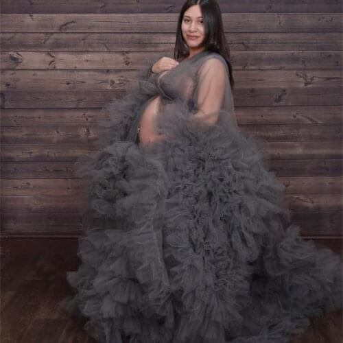 Luxury Ruffles Maternity Dresses with Bow Tulle Maternity Gown for Photoshoot Boudoir Lingerie Grey Bathrobe Nightwear Babydoll