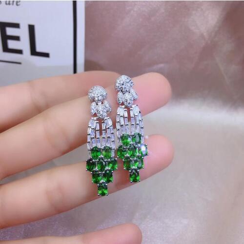 Luxurious Thick Tassels Natural green diopside drop earrings 925 silver natural gemstone earrings women girl party fine jewelry