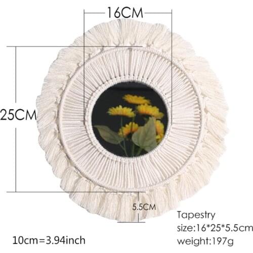 Nordic Bohemian Handmade Woven Hanging Wall Mirror with Macrame Fringe Tassel Braided Cotton Rope Antique Tapestry