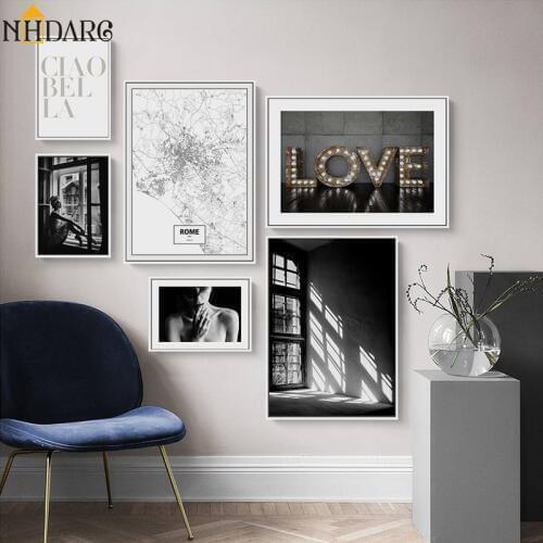 Nordic Black White Fashion Love Quote Rome Map Canvas Print Painting Poster Wall Pictures for Living Room Home Decor Wall Decor
