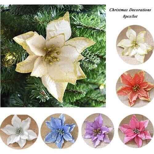 HACOCHU 8PCS/lot 13cm Christmas Decoration Flowers Artificial Flower Navidad Decorations for Home Xmas Tree Decor Party Supplies
