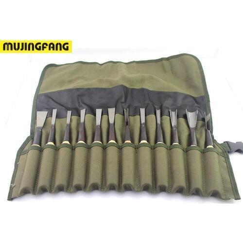 High Quality HSS Carpentry Tongue 12PCS Wood Flat Chisel Jumper Chisel Wearproof DIY Woodworking Boutique Tools with Carry Bag