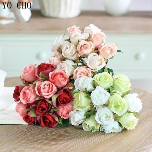 YO CHO Silk roses Artificial Red Rose Silk Flowers 12 Flower Heads Floral Wedding bridal Bouquet flower Decor