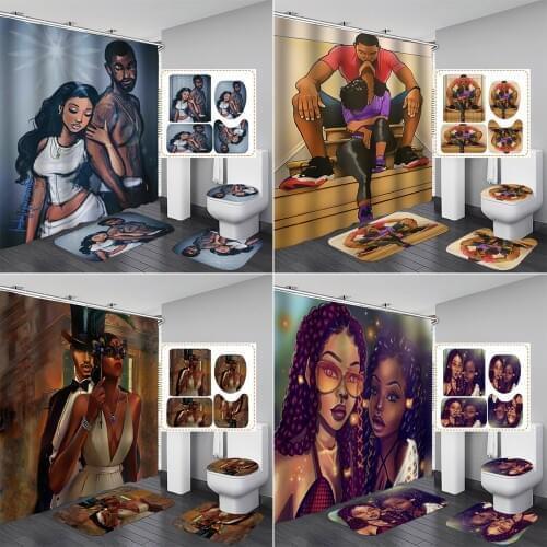African American Men Women Bathroom Curtain Set Waterproof Fabric Couples Shower Curtains Toilet Cover Mat Non-Slip Bath Rug